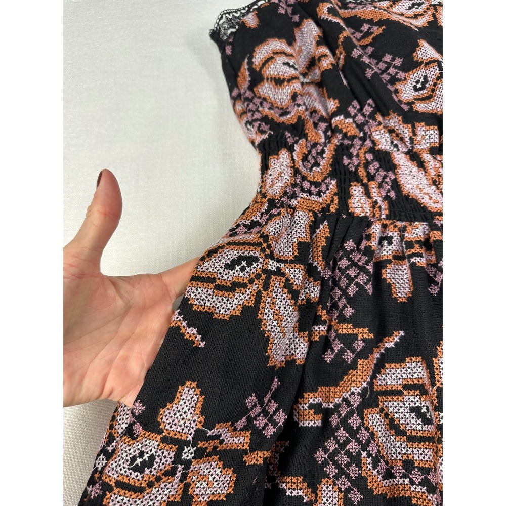 Anthropologie Embroidered Cross Stitch Floral Midi Dress Black Small Lace Trim - Picture 4 of 14